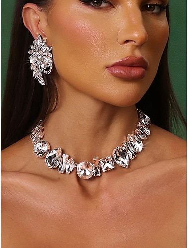  Женский комплект из серебряного колье и серег с кристаллами — гламурные украшения с крупными стразами для вечеринок, свадеб и вечерних мероприятий
