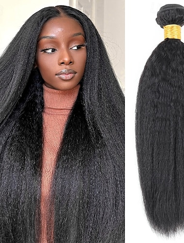  ブラジル産人毛 1b # ナチュラルブラックカラー 縮れ毛ストレート人毛 1束 10～30インチ