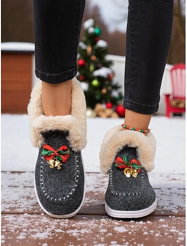  Zapatos de invierno para mujer, cálidos y afelpados, con un bonito detalle de lazo y campanilla, ideales para estar cómoda en casa, para el intercambio de regalos navideños y para usar durante el invierno.