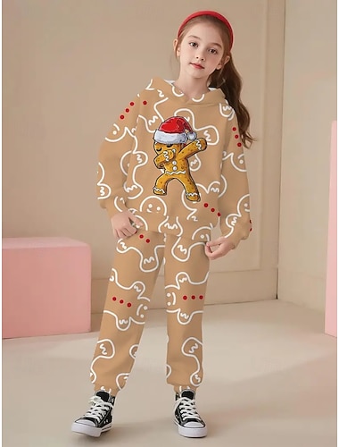  Navidad Chica 3D Graphic Los hombres de pan de jengibre Conjunto de sudadera con capucha y pantalones deportivos Traje Deportivo Chándales Manga Larga Primavera Otoño Diario Básico Casual Niños 4