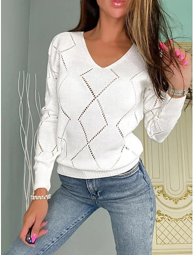  Mulheres Suéter Casual Macia Cor imaculada Estriado Decote V Tricotado Buraco Manga Longa Tops regulares Tricotar Ao ar livre Diário Final de semana Azul Branco Primavera Outono