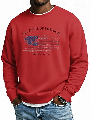  Voor heren Grafisch Amerikaanse Amerikaanse vlag Sweatshirt Sport Modieus Dagelijks Klassiek Lange mouw Strakke ronde hals Buiten Vakantie Zwart Wit Rood Licht Grijs Opdrukken Lente Herfst Ontwerper