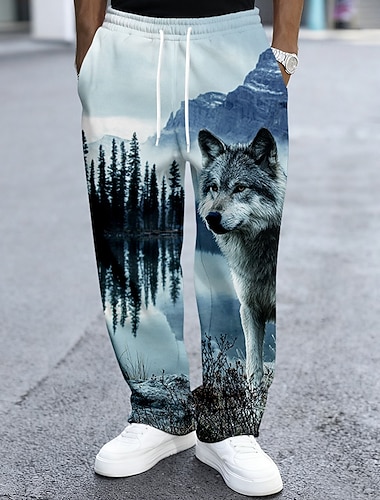  Herren Wolf Tierwelt Wald Jogginghose Hose Freizeithose Mittlere Taille Vintage-Retro Outdoor Jagd Trainieren Elastischer Kordelzug in der Taille Gerade geschnittene Hose mit Taschen Frühling Herbst