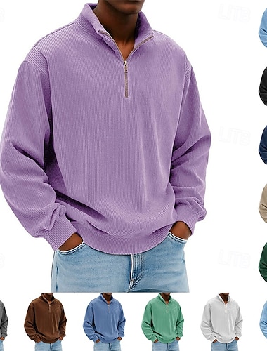  Homme Sweat-shirt Velours Côtelé Sweat à capuche Pull Sweat-shirt quart de fermeture éclair Bleu Denim Noir Blanche bleu marine Bleu Col montant Uni Fermeture éclair Texturé Sport & Loisir