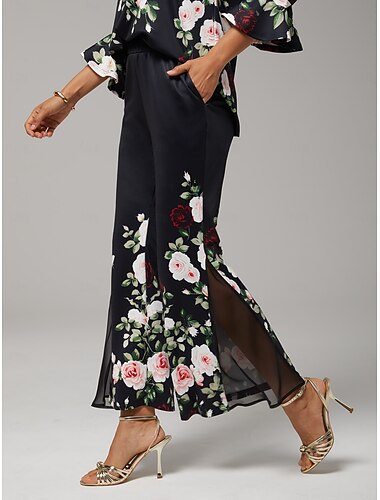  damesbroek stretchstof bloemenprint chiffon transparante panelen uitlopende pijp elastische taille elegant comfortabel dagelijks werk herfst