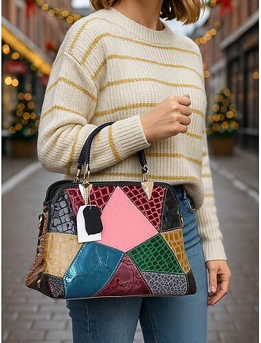  Women's Genuine Leather Handbag, Multi-Color Patchwork Design, Large Capacity, Versatile Wear with Top Handles & Adjustable Shoulder Strap, Stylish and Functional for Daily Use & Special Occasions