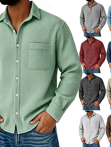  Homme Chemise gaufrée Chemise Décontractée Chemise Boutonnée Chemise en tricot gaufré Noir Blanche Vin bleu marine Bleu manche longue Uni Col Rabattu Occasionnel Quotidien Avec Poches Vêtement Tenue