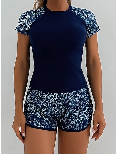  Maillot de bain 2 pièces tankini femme shorts palmier contrôle du ventre taille haute ajusté sans dos vacances plage floral feuilles col rond manches courtes