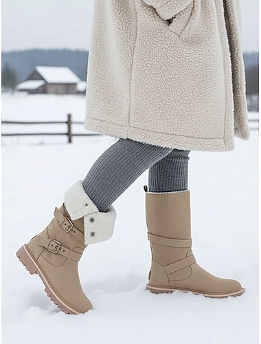  バックルストラップ付きレディースベージュスエードミッドカーフスノーブーツ - シェルパ裏地付き暖かい冬用バイカーブーツ、アウトドア、雪、旅行に最適
