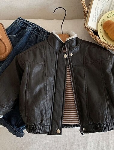  Barn Gutt Svart skinnjakke Jakke og frakk Yttertøy Helfarge Langermet Hold Varm Vindtett Frakk utendørs Gatemote Fritid Brun Høst Vinter 4 år +