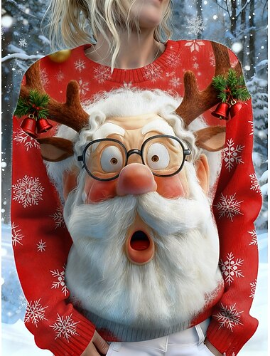  クリスマス レディース セーター キュート カジュアル グラフィック サンタクロース クルーネック パッチワーク ニット 長袖 レギュラー トップス ニット クリスマス パーティー ホリデー レッド 秋 冬