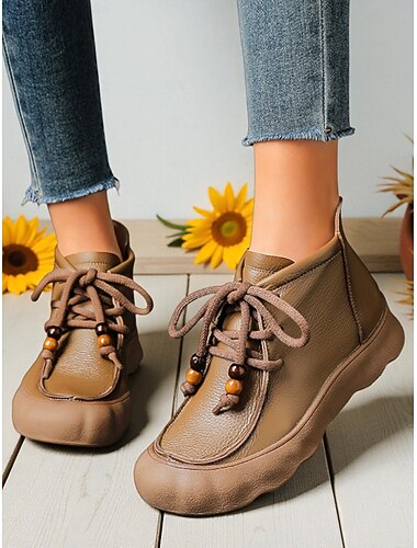  Damesko i ægte læder med snørebånd – blød, fleksibel sål, retro afslappet stil, ideel til daglig brug, gåture, rejser og udendørsaktiviteter