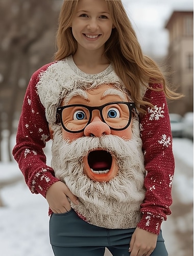  سترة نسائية لعيد الميلاد، ملابس الشارع، رسومات سانتا كلوز، رقاقات الثلج، رقبة دائرية، مرقعة، محبوكة، أكمام طويلة، قمم عادية، محبوكة، حفلة عيد الميلاد، أحمر، ربيع، خريف