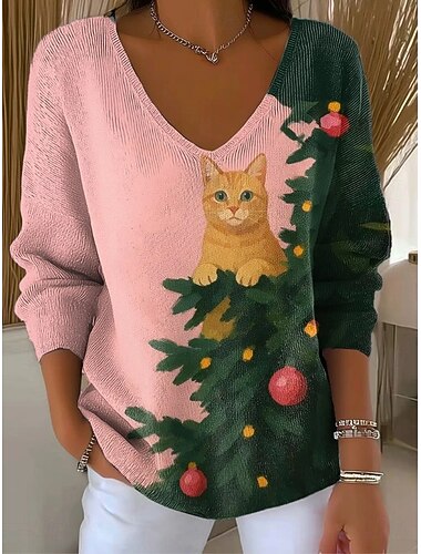  Dame Genser Mote Gatemote Fritid Grafisk Dyr Juletre V-hals Overstørrelse Strikket Langermet Vanlige topper Strikke utendørs Daglig Rosa Mørkegrønn Vår Høst