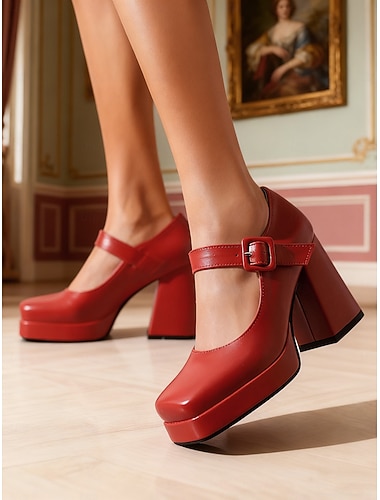  Rote Mary-Jane-Pumps aus Kunstleder im Vintage-Stil der 1950er-Jahre mit klobigem Blockabsatz, ideal für Alltag und Partys