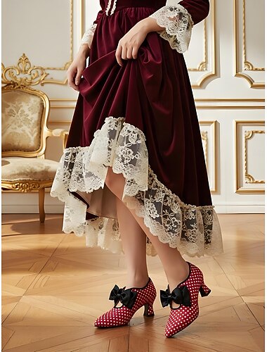  Escarpins rouges à pois vintage années 1950 pour femme, ornés d'un nœud en satin noir – style d'inspiration édouardienne, parfaits pour les soirées rétro, le quotidien et les occasions spéciales.