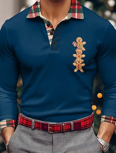  クリスマス 男性用 ジンジャークッキー ポロ 長袖 ポロシャツ ラペル カジュアル アウトドア デイリーウェア フェスティバル衣装 3Dプリント ボタン 春 秋 冬 ブルー ブラック ルビーレッド