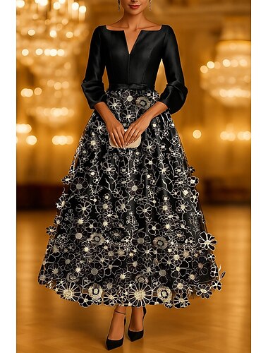  А-силуэт Ниже колена коктейльные платья Платья для вечеринок Элегантный стиль Рукав 3/4 V-образный вырез Официальные Свадьба Тафта с Бант(ы) Аппликации