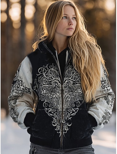  レディース ジップアップ パーカー バイキング グラフィック チェック柄 ファッション ウエスタン カジュアル 長袖 フード付き レギュラー トップス ストリート デイリーウェア カジュアル ジッパー ポケット プリント ブラック 秋 冬