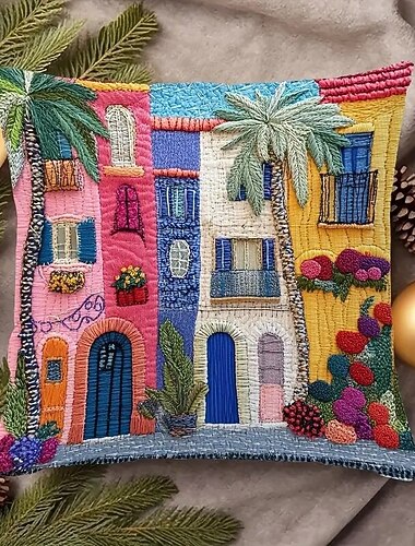  地中海スタイルの枕カバー、2Dフラットプリント、片面、カラフルな街の風景、植物と花、ソファ、リビングルーム、家庭用の装飾クッションケース