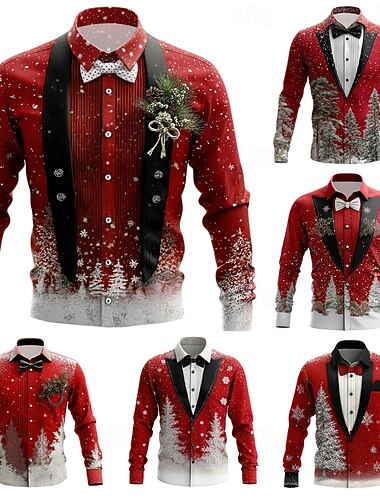  Noël Homme Costume de Noël Conception de faux col et de costume Costume cravate chemise de smoking imprimée Chemise Chemise Boutonnée manche longue Drôle Extérieur Fête Printemps Automne Col Rabattu