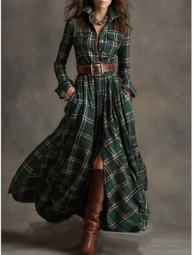  Damskie Sukienka maxi Sukienka trapezowa Urlop Codzienny Boho Codzienny Regularny Kratka Długi rękaw Klapa Niebieski Ciemnożółty Głęboka zieleń Czarny Wiosna Jesień Zima