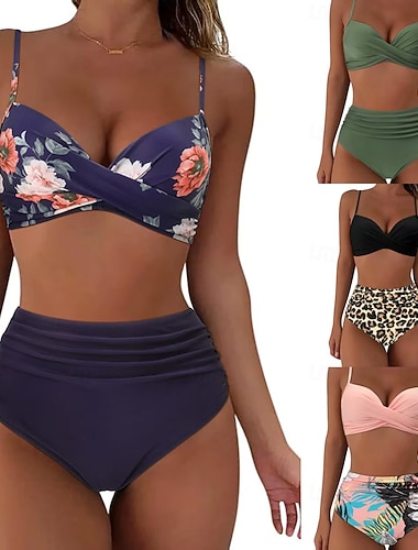  Damen Bikini 2-teiliges Badeanzug Rüsch Push-Up Slip Slim Rückenfrei Urlaub Strandbekleidung Floral Grafik V-Ausschnitt Ärmellos Badeanzüge
