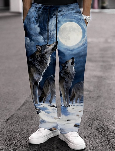  Herren Wolf Tierwelt Mondlicht Jogginghose Hose Freizeithose Mittlere Taille Vintage-Retro Outdoor Jagd Trainieren Elastischer Kordelzug in der Taille Gerade geschnittene Hose mit Taschen Frühling