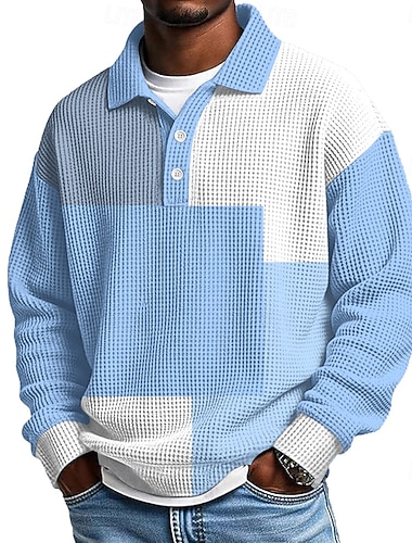  Miesten Geometrinen Väripalikka Vohveli poolopaidat Textured Pitkähihainen Poolopaidat Kauluskäänne Vapaa-aika Urheilu- ja treenivaatteet Arki-asut 3D-tulostus Kevät Syksy Talvi Sininen Laivaston