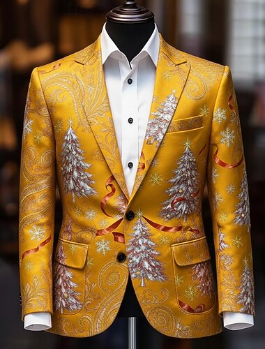  Jul Herre Juletræ Blazer jakke Frakke Bekvem Åndbart Kunstnerisk Afslappet Festaftentøj Daglig Festival 3D-udskrivning Knapper Efterår vinter Hakrevers Langærmet Gul Rød Grøn