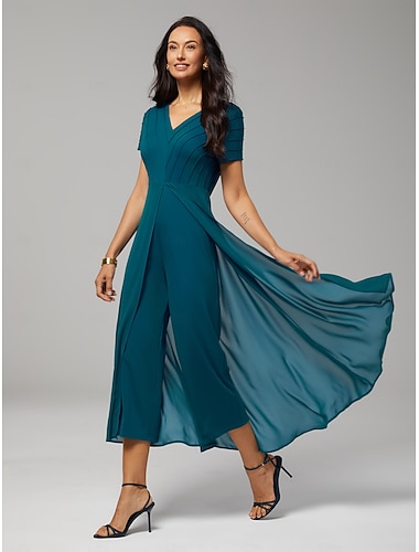  Női Nő hétköznapi ruha Kezeslábas Pávakék Rövid ujjú Sima Többrétegű Nyár Tavasz Minden évszak V-alakú Kerek Elegáns Modern Flowy S M L