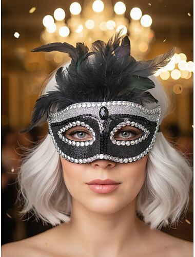  Máscara de plumas negras para mujer - elegante máscara de fiesta con pedrería y diseño brillante para bailes de máscaras, graduaciones o fiestas de disfraces