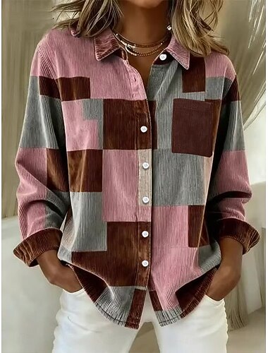  Dámské Košile Grafika Geometrický Vinobraní stylové Na běžné nošení Dlouhý rukáv Košilový límec Běžné topy Denní Slátanina Vodní modrá Světlá růžová Fialová Trávová zelená Podzim Zima