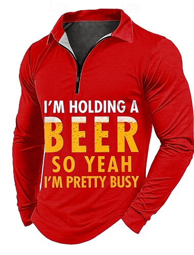  Herre Tekst Poloskjorter med glidelås Langermet Poloskjorter Knaphul Fritid utendørs Dagligdagstøy 3D-utskrift Vår Høst Vinter Blå Rød Grønn