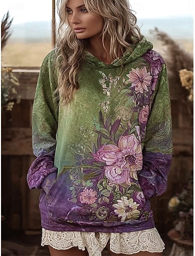  női viking vintage pulóver kapucnis pulóver állatmintás törzsi vintage lezser hosszú ujjú kapucnis normál felsők lezser lila zöld tavasz ősz tél