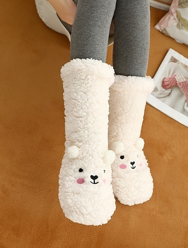  冬用プラッシュフリースフロアソックス、女性用、厚手、快適なホームスリッパソックス、暖かい、防寒、かわいいクマのシェルパスリープソックス、柔らかい、滑り止めフットウェア