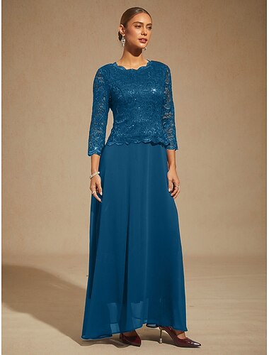  Женское макси-платье, шифоновое кружевное платье, элегантное платье для гостей свадьбы, однотонное, с рукавами длиной 3/4, круглым вырезом, павлиньего цвета, весна-осень-зима