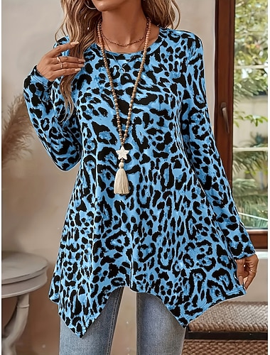  女性用 チュニック グラフィック レオパード ヴィンテージ ファッション カジュアル 長袖 クルーネック ロングトップス 日常 週末 プリント ブルー ピンク ルビーレッド パープル ブラウン 秋 冬