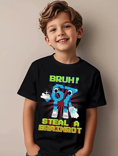  Baumwolle Kinder Jungen Schwarz Grafik Lustiger Slang 67 T-Shirt Bluse Rundhalsausschnitt Kurzarm Outdoor Alltagskleidung Mode Streetwear Designer Drucken Sommer