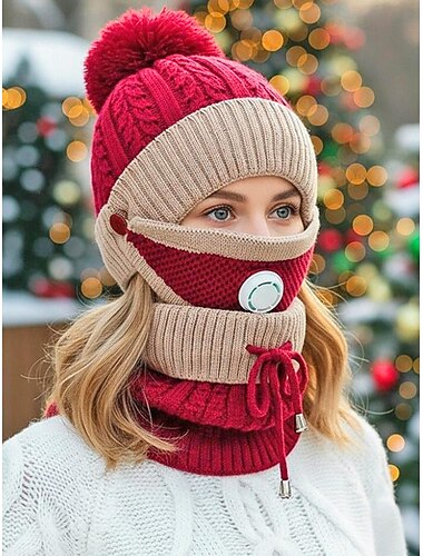  レディース冬用3点セット - 柔らかいフェイクファーのビーニー、通気性のあるマスク、フリースの裏地が付いたニットマフラー。複数の色があり、寒い季節やアウトドア活動に最適です。