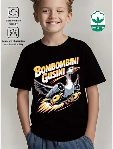  قطن أطفال للصبيان أزرق أسود أبيض بومبومبيني جوسيني الرسم تي شيرت بلوزة رقبة العمل كم قصير الأماكن المفتوحة مناسب للبس اليومي موضة أناقة الشارع مصمم طبع الصيف