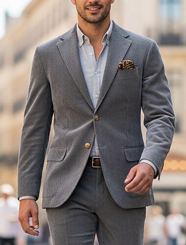  Homens Jaqueta de Veludo Colar de entalhe Retro Vintage Clássico Listrado Cor Sólida Blazer Preto Verde Cinzento Fino Dois botões de peito simples