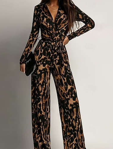  Γυναικεία Φόρμες Κομψό Συμπαγές Χρώμα Μακρυμάνικο Πλατύ Πόδι Λαιμόκοψη V Με Κορδόνια Διακοπές Σπίτι Bodycon Top Καφέ Φθινόπωρο