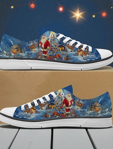  Herresneakers med juletrykk - god julehilsen med glitrende snøflak, uformelle lerretssko for feriereiser, familiesammenkomster og julearrangementer