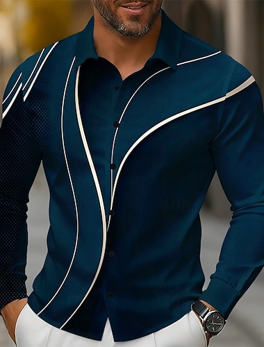  Herren Geometrisch Farbverlauf Linien / Wellen Hemd Knopfhemd Langarm Modisch lässig Outdoor Alltagskleidung Frühling Herbst Umlegekragen 3D-Druck Hemden mit Kragen Dunkelblau