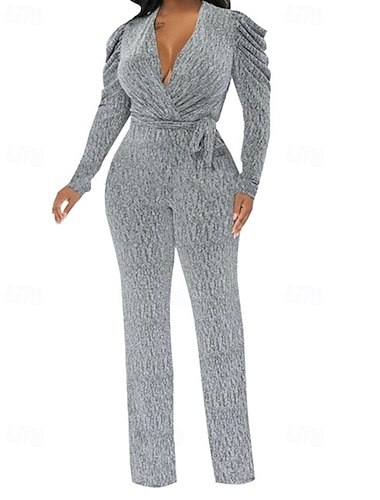  Per donna Tutina Moda Romantico Sexy Colore Puro Allacciato Arricciato Pantalone Vacanza Casa Streetwear Manica Lunga Scollo a V Argento Rosa Autunno Inverno Vestibilità su misura