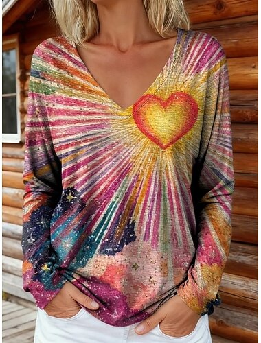  Neujahr Damen T Shirt Druck Ombre Grafik Vintage Mode Stilvoll Langarm V Ausschnitt Normale Oberteile Täglich Gelb Rosa Rote Orange Gold Sommer Frühling Herbst