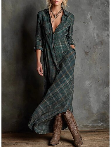  Жен. Длинное платье Платье-футляр Платье с расклешенной юбкой Отпуск Для вечеринки На каждый день Для вечеринок Офис День рождения Стандартный Графика Геометрический принт В клетку Длинный рукав