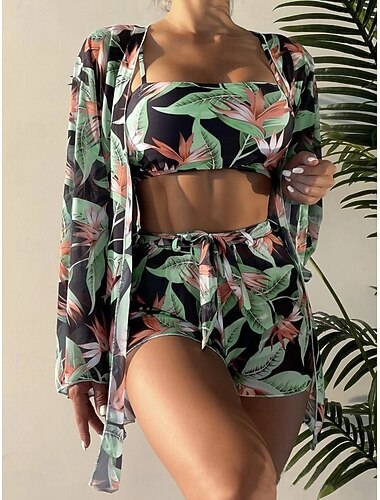  Damen Bikini 3-teilig Badeanzug Palm Shorts Slim Rückenfrei Urlaub Strandbekleidung Blumen Blätter V-Ausschnitt Ärmellose Bademode