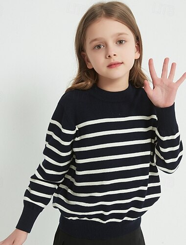  Děti Dívčí Pulovrový svetr Proužek Venkovní Dlouhý rukáv Výstřih ke krku Módní 4-12 let Podzim Námořnická modř Béžová